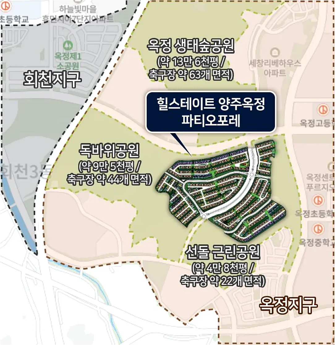 힐스테이트 양주옥정 파티오포레를 둘러싼 옥정 생태숲공원·독바위공원·선돌근린공원 위치도