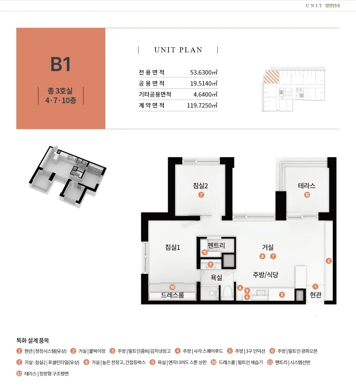 테라스99 동탄 B1타입 투룸 테라스 평면도 · 4·7·10층