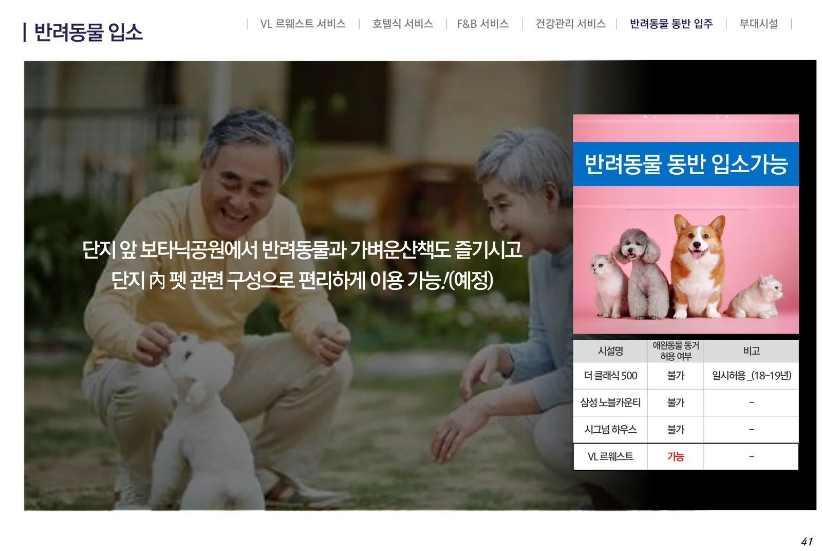 VL 르웨스트 반려동물 동반 입소 가능 안내와 타 시니어타운 비교